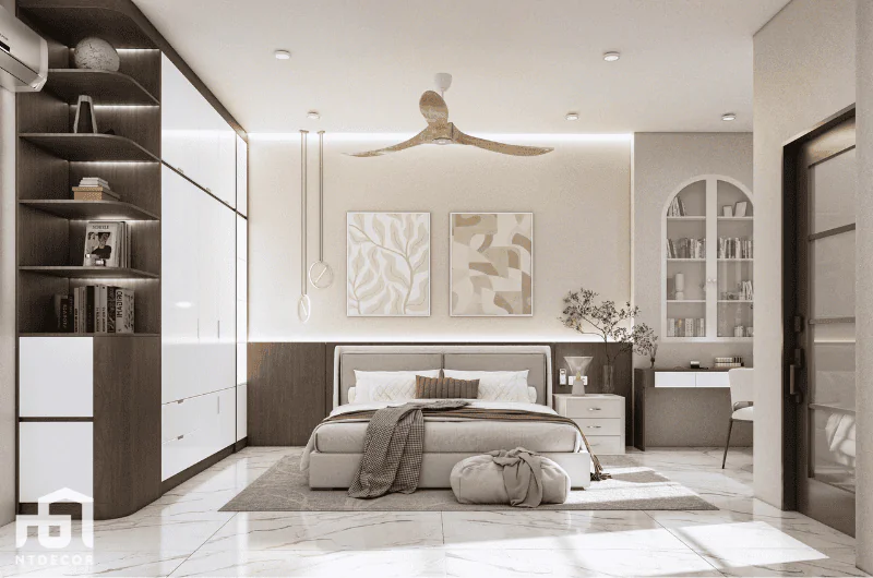 Phòng ngủ căn hộ kết hợp nội thất hiện đại và vật liệu tự nhiên | NTDecor