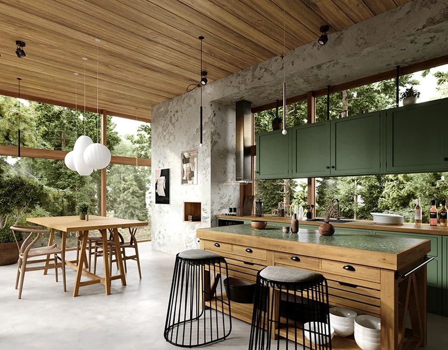 Phòng bếp ấn tượng với chất liệu mộc mạc cùng điểm nhấn tone màu xanh lá