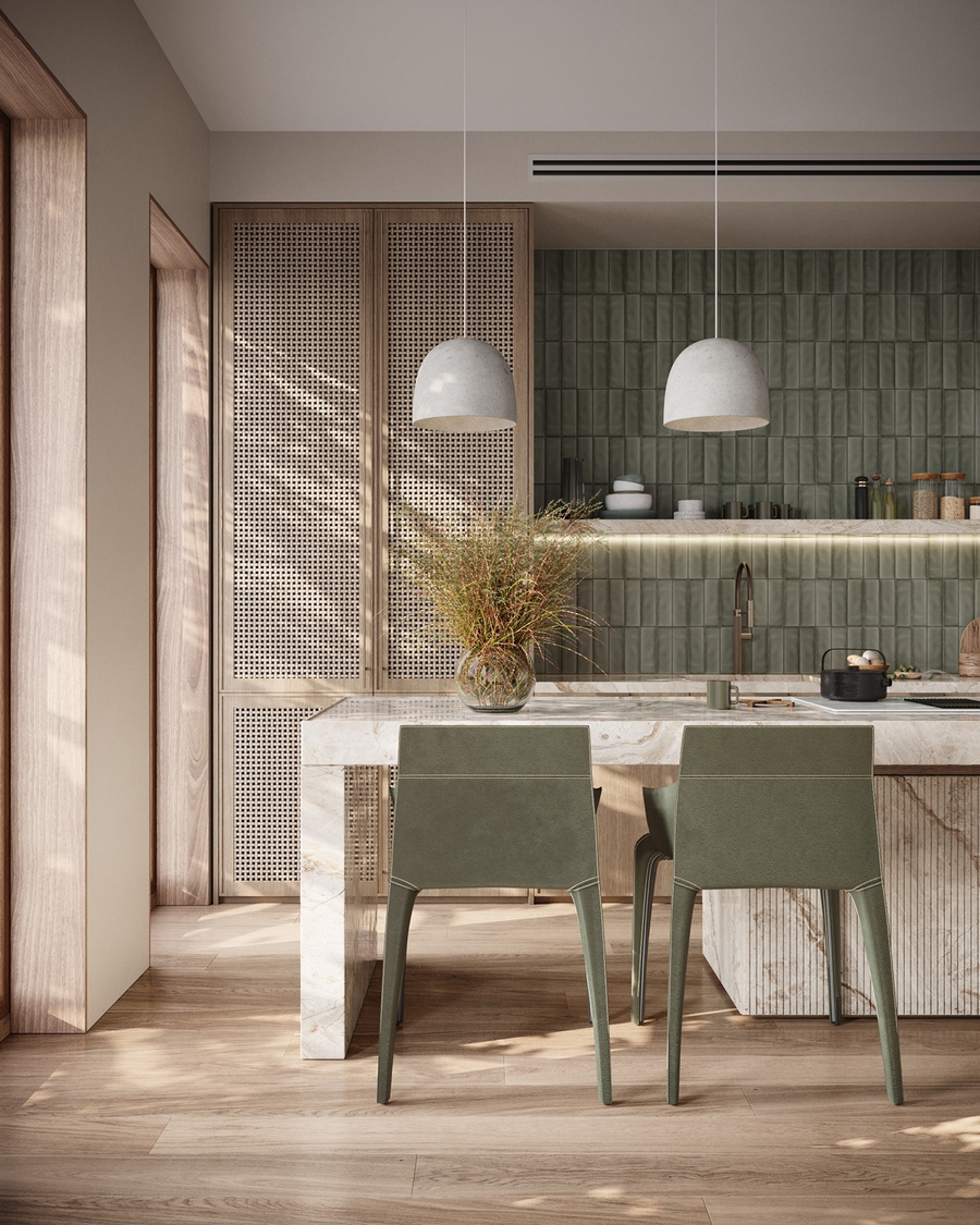 Chất liệu tự nhiên được tận dụng triệt để trong mẫu thiết kế bếp phong cách Eco