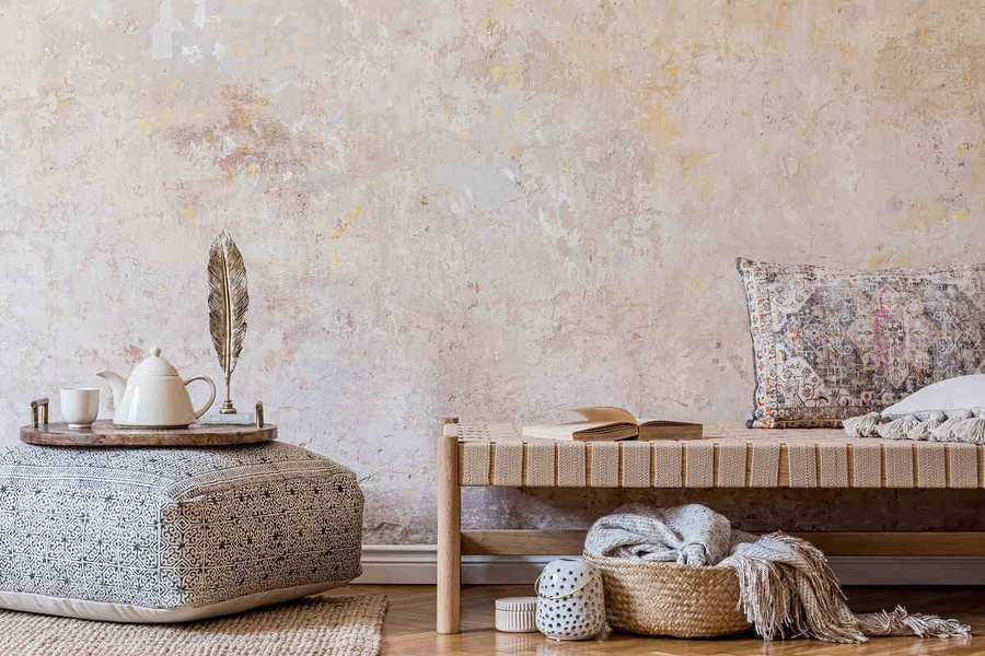 Chất liệu thổ cẩm mang đến nét đẹp tinh tế, quyến rũ cho không gian Wabi sabi