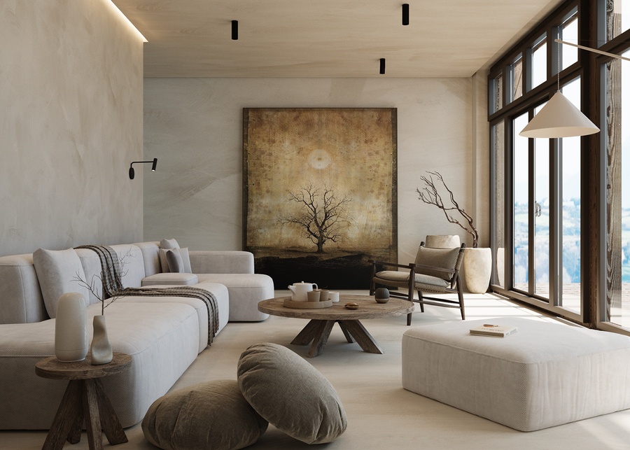Thiết kế phòng khách phong cách Wabi Sabi với điểm nhấn bức tranh nghệ thuật giữa phòng