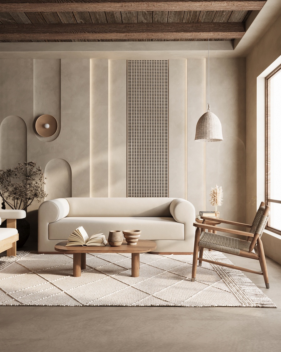 Mẫu thiết kế nội thất phòng khách phong cách Wabi Sabi với tone màu trắng kem - gỗ chủ đạo