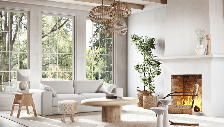 Chất liệu tự nhiên và cây xanh là hai yếu tố thường xuyên xuất hiện trong phòng khách Wabi sabi