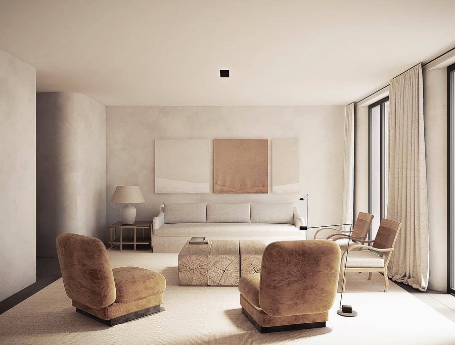 Mẫu phòng khách mộc mạc, đơn giản lấy cảm hứng từ phong cách Wabi sabi