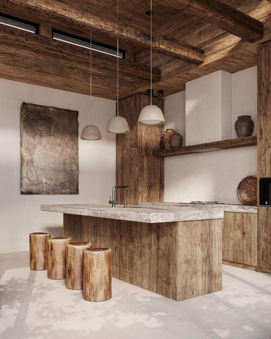 Một góc phòng bếp phong cách Wabi Sabi bình dị với chất liệu gỗ tự nhiên chủ đạo