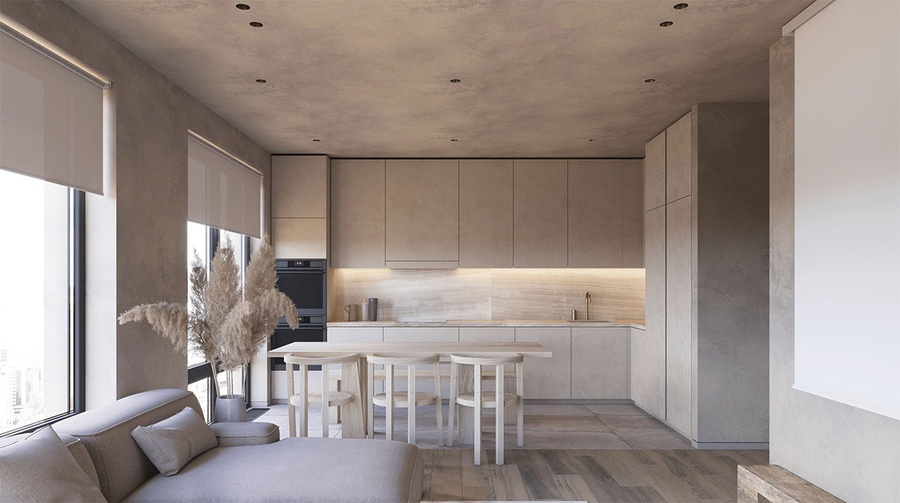 Không gian phòng bếp căn hộ chung cư đơn giản theo chủ nghĩa Wabi Sabi