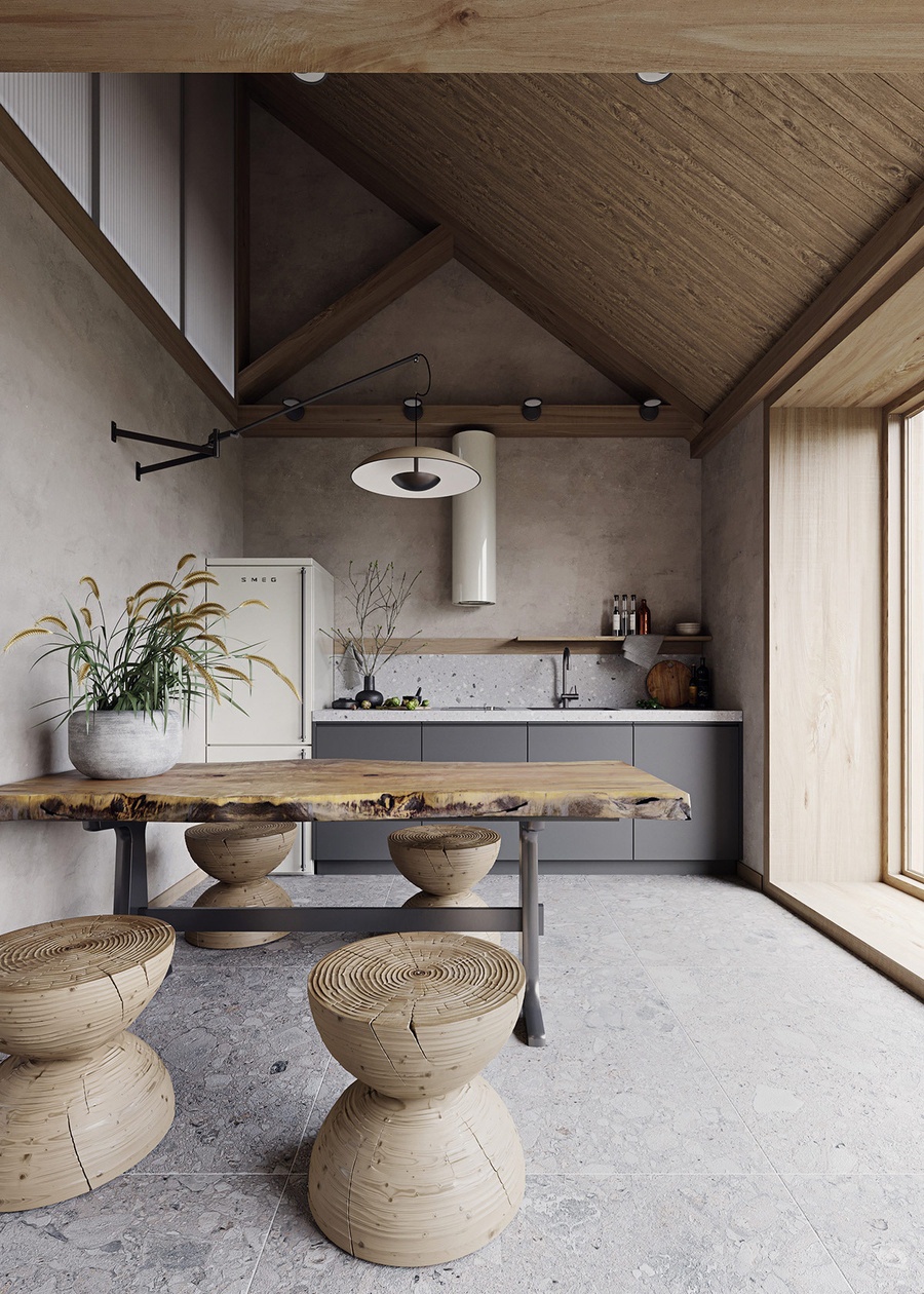 Chiếc bàn gỗ đã có dấu hiệu thời gian trở thành điểm nhấn trong phong cách Wabi Sabi