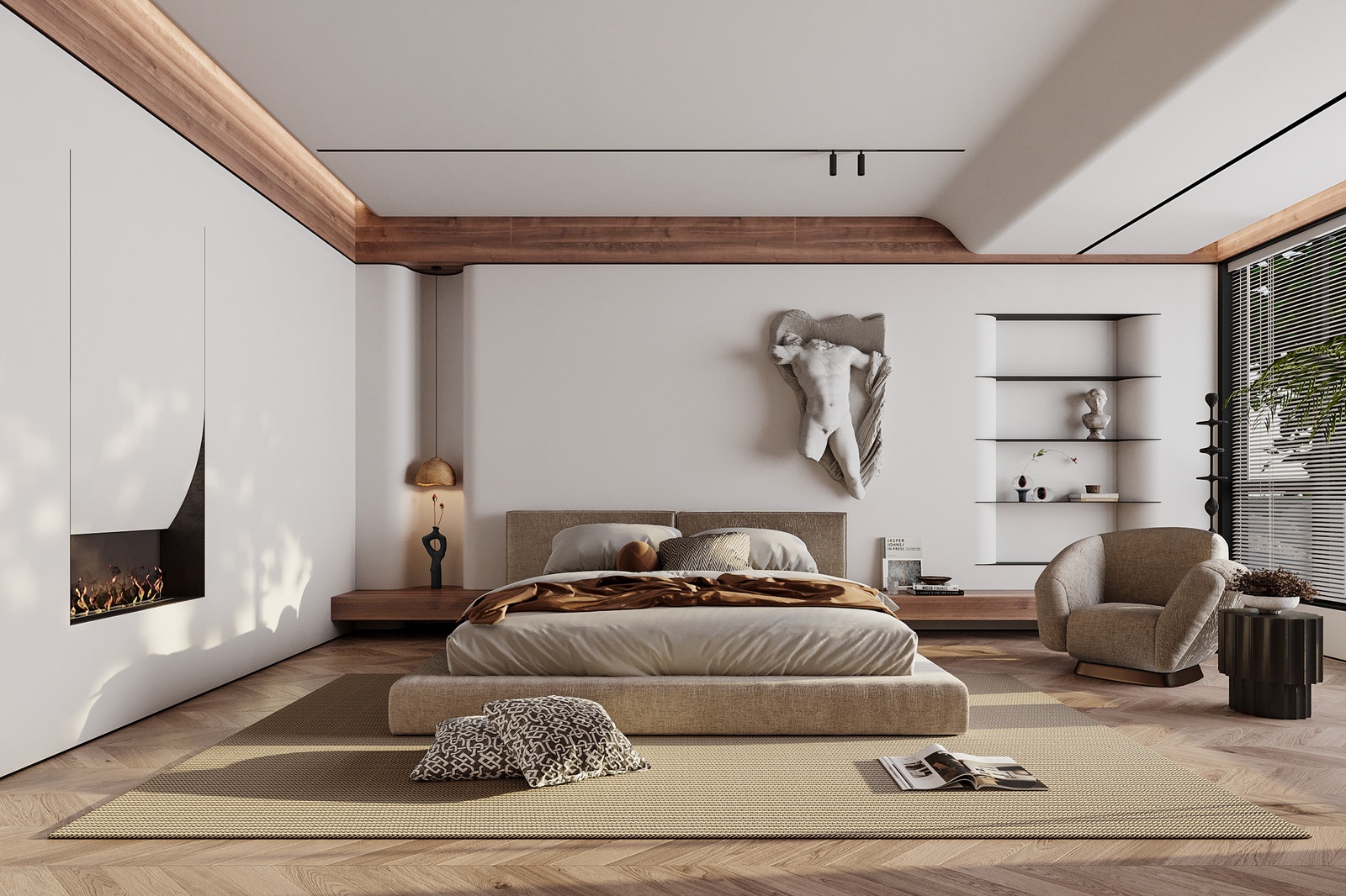 Không gian phòng ngủ hiện đại kết hợp phong cách Wabi sabi đầy cảm hứng