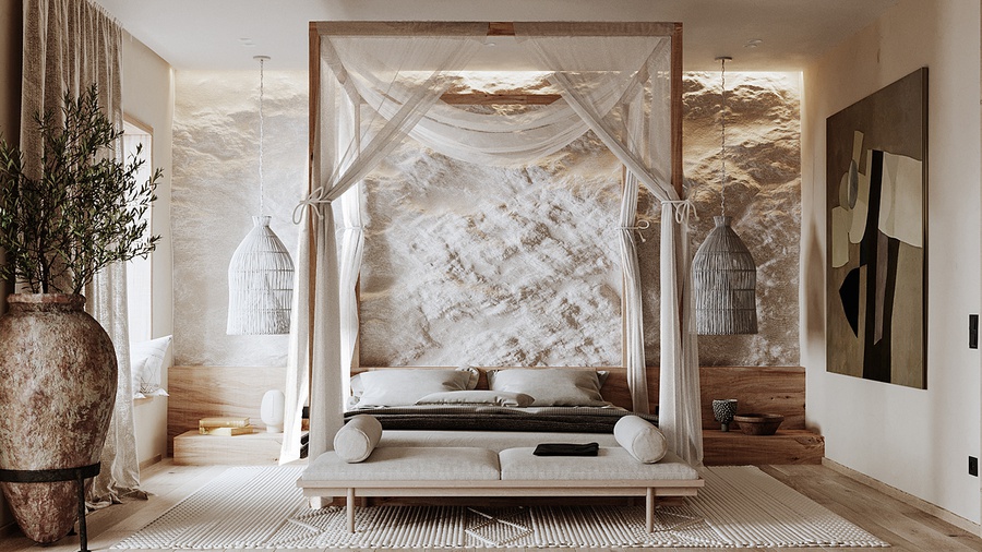 Mẫu thiết kế phòng ngủ Wabi sabi mang nét đẹp nhẹ nhàng, mộc mạc cùng một chút lãng mạn