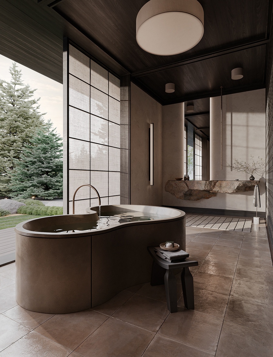 Không gian phòng tắm phong cách Wabi Sabi đầy thư giãn với gam màu mộc mạc chủ đạo