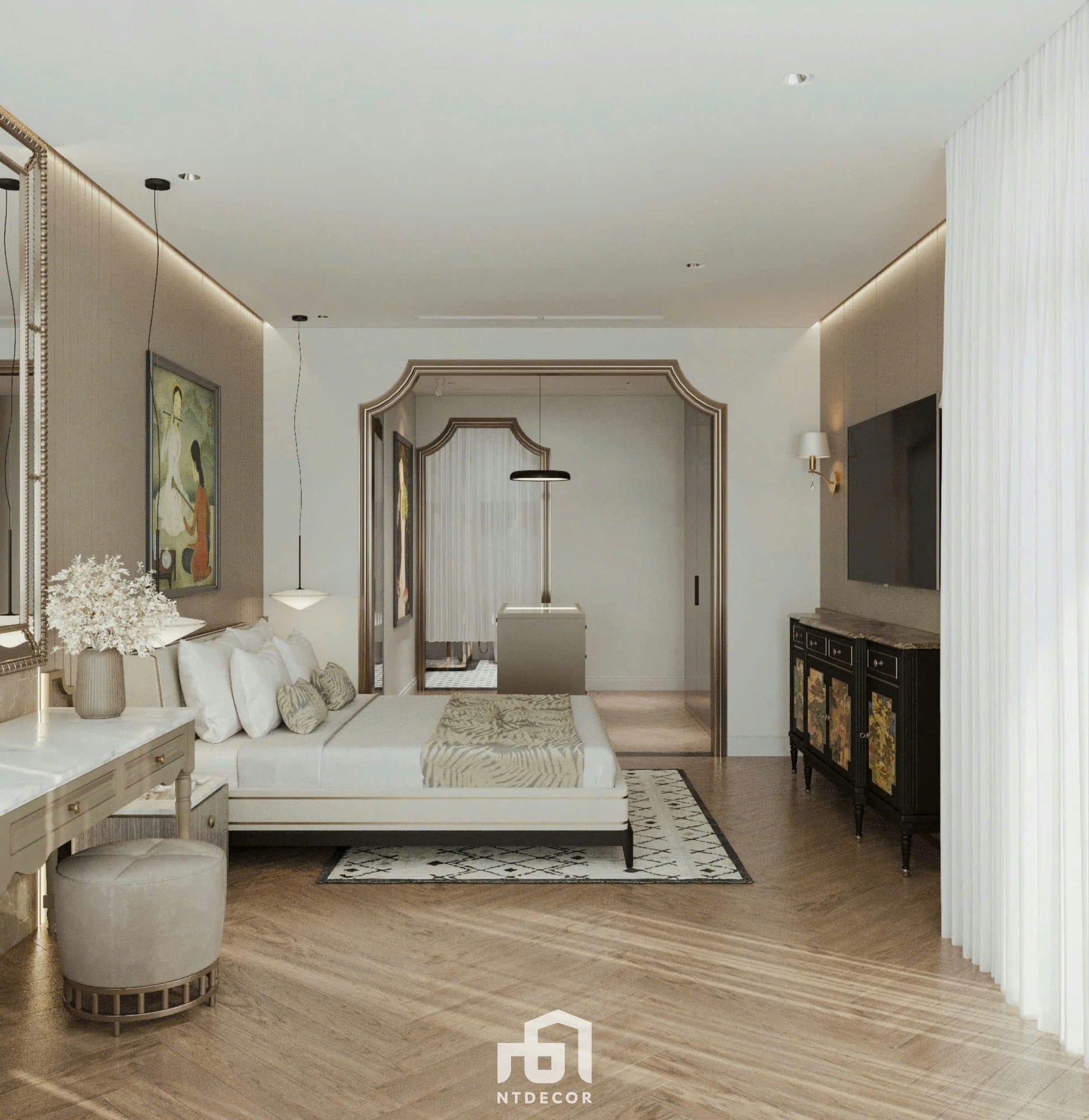 Master bedroom 3D Design Of Ms. Vân House Interior Design Indochine Style