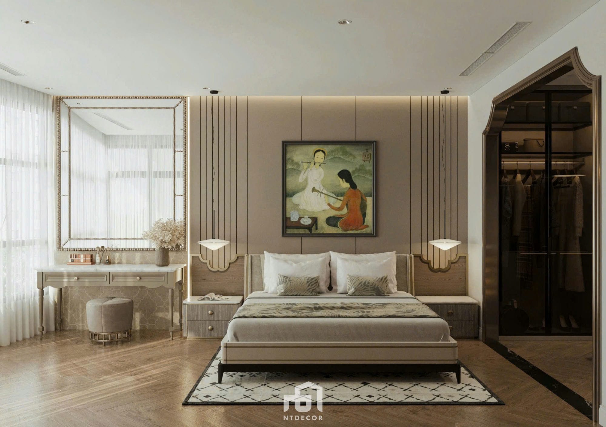 Master bedroom 3D Design Of Ms. Vân House Interior Design Indochine Style