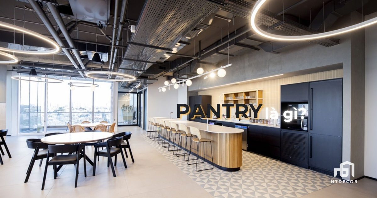 Không gian Pantry văn phòng hiện đại, cây xanh, khu vực ngồi thư giãn.