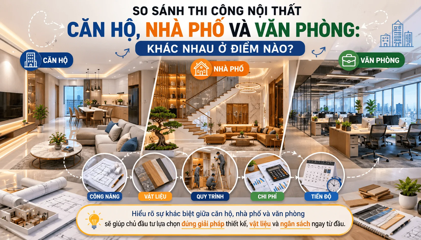 So Sánh Thi Công Nội Thất Căn Hộ, Nhà Phố Và Văn Phòng: Chi Phí, Quy Trình Và Những Điều Cần Biết