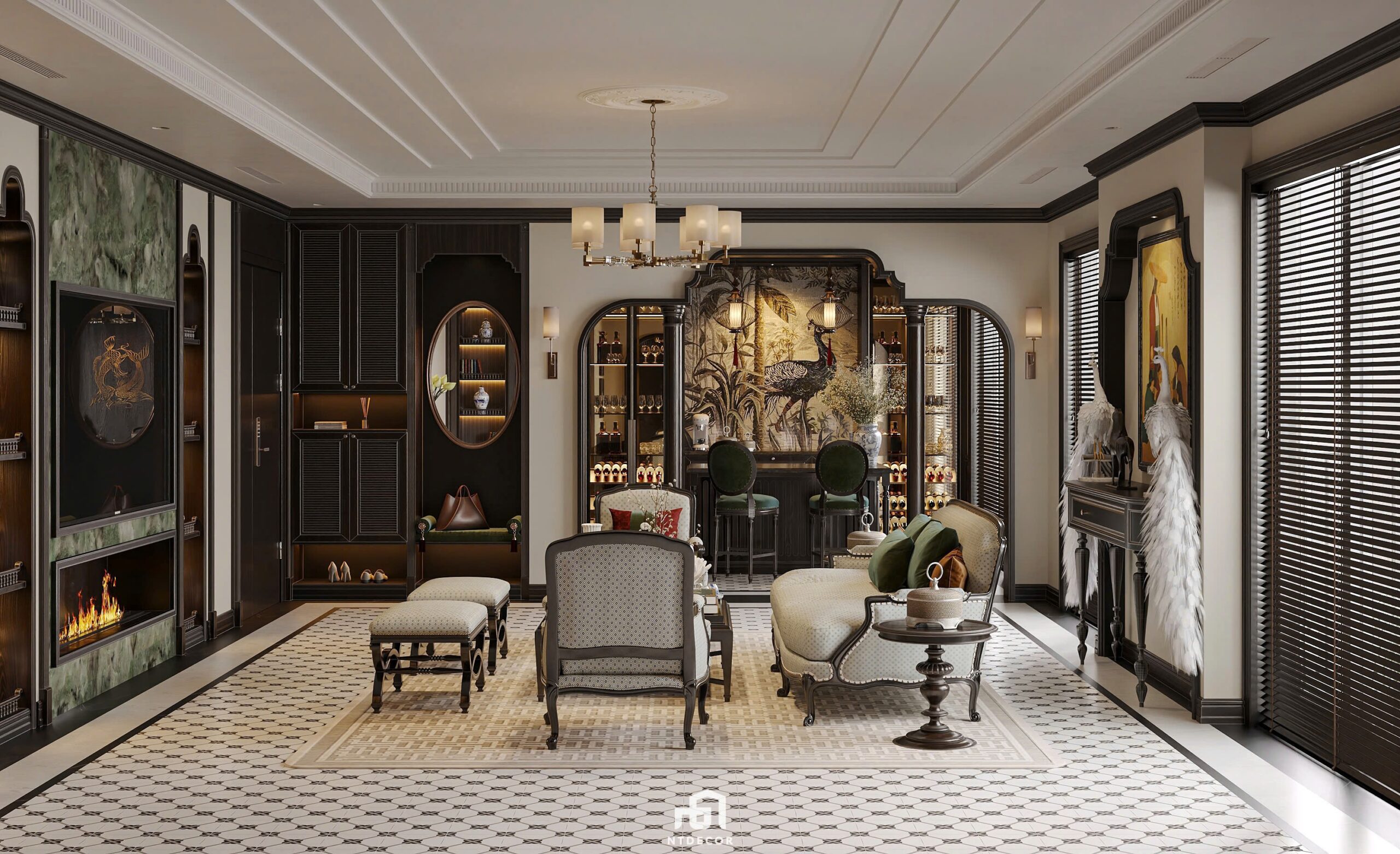 Living Room 3D Design of Interior Design Indochine Style | NTDecor