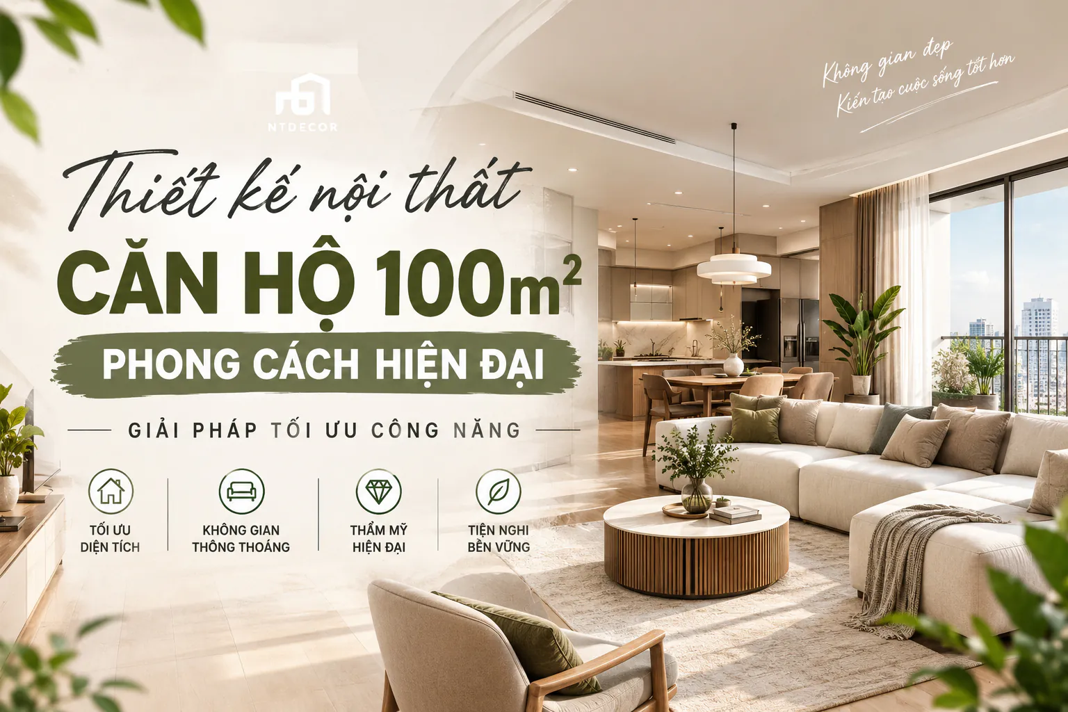 Thiết kế nội thất căn hộ 100m² phong cách hiện đại với không gian phòng khách, bếp và nội thất tối ưu công năng | NTDecor