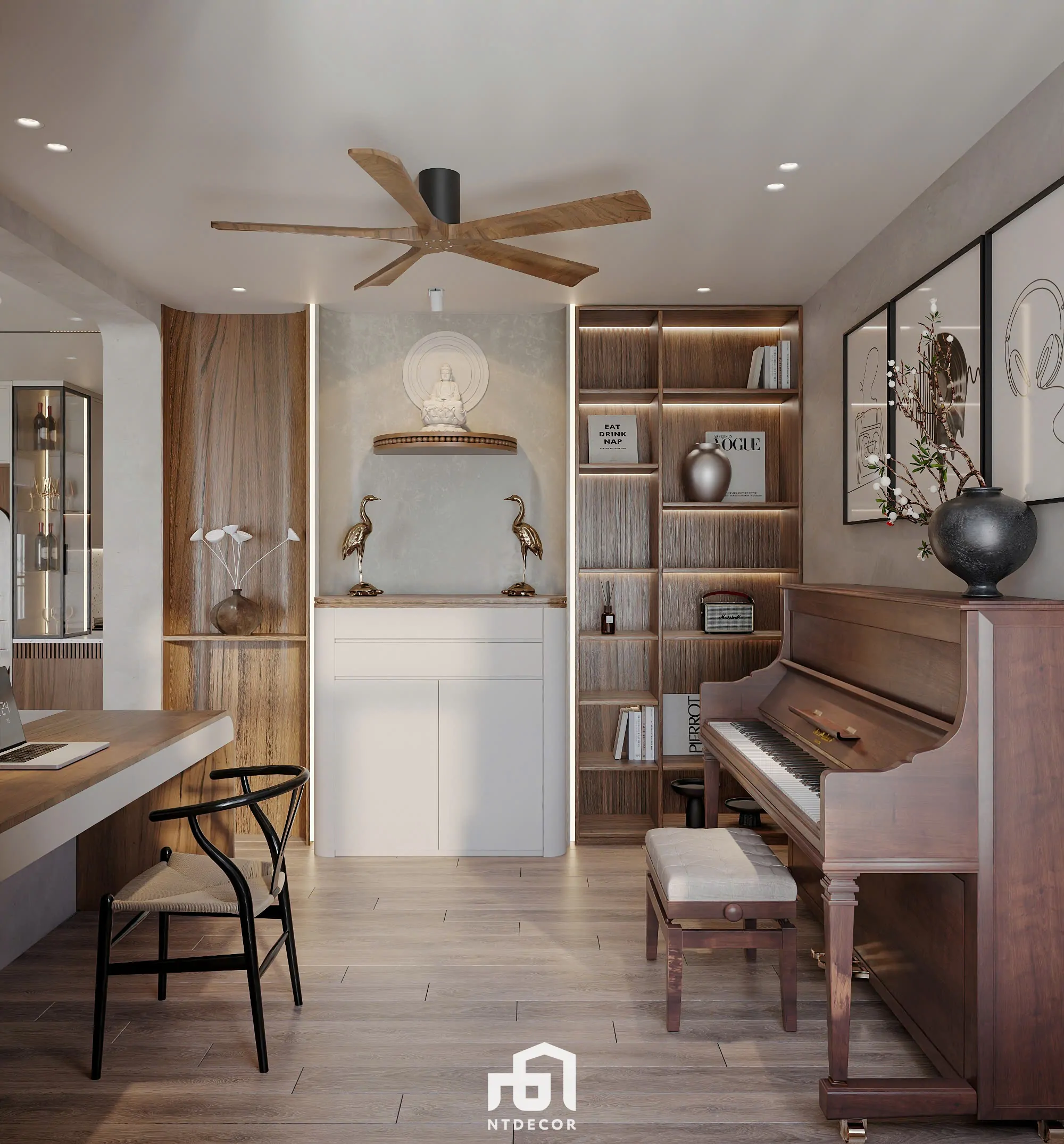 Living Room of Ms Ly Apartment 3D Design Modern Style Mix Japandi | NTDecor