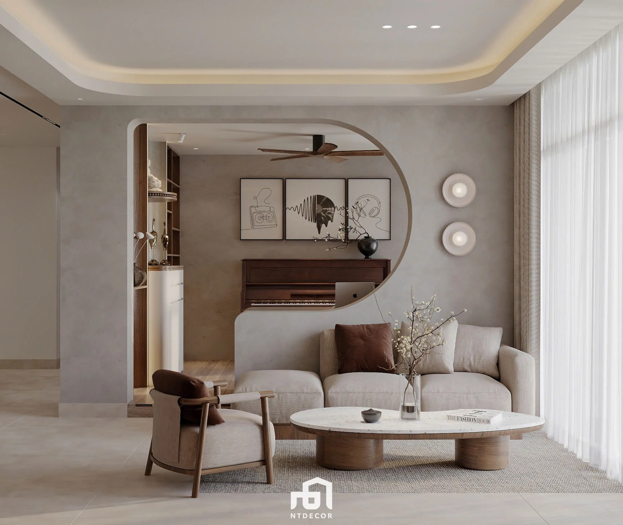 Living Room of Ms Ly Apartment 3D Design Modern Style Mix Japandi | NTDecor