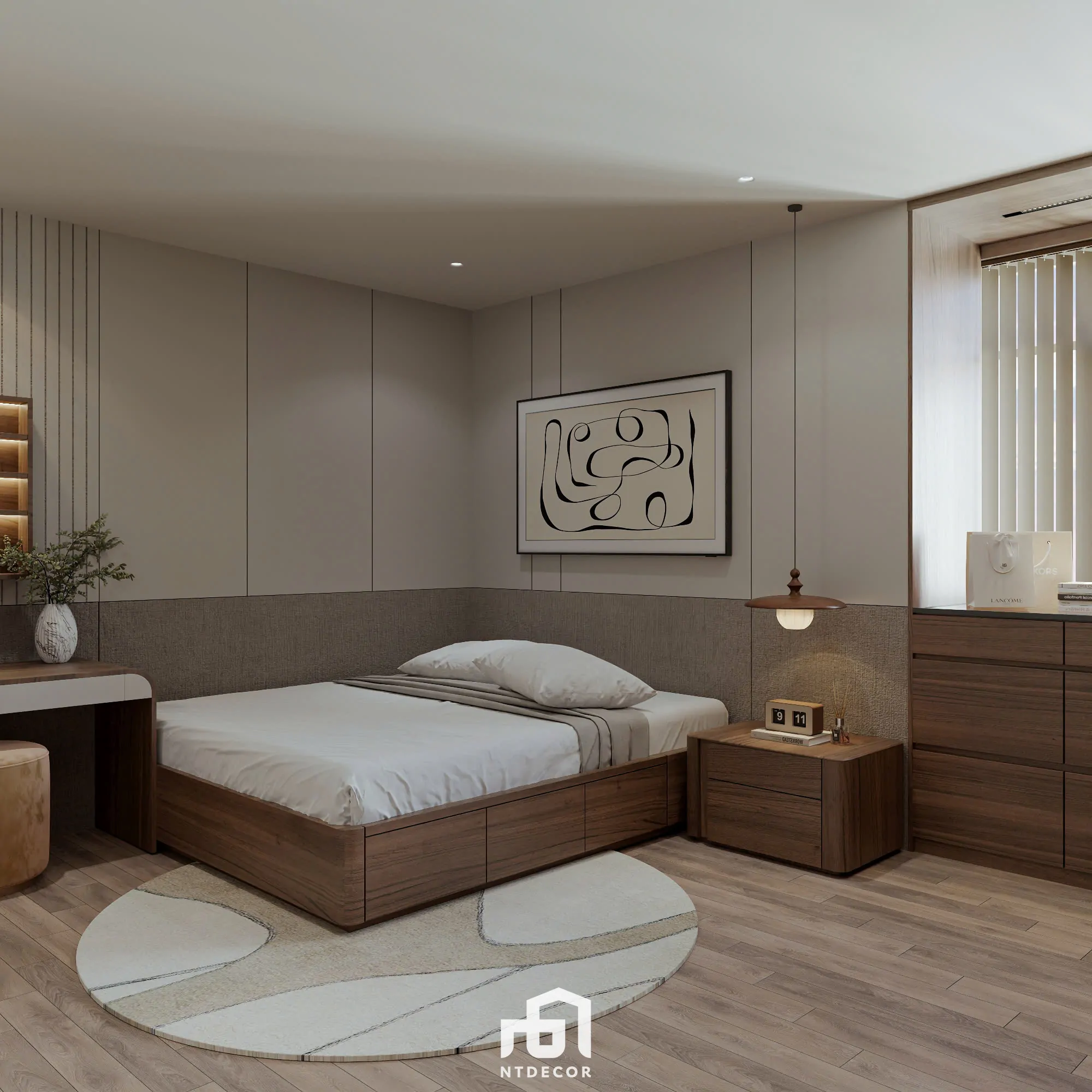 Bedroom of Ms Ly Apartment 3D Design Modern Style Mix Japandi | NTDecor
