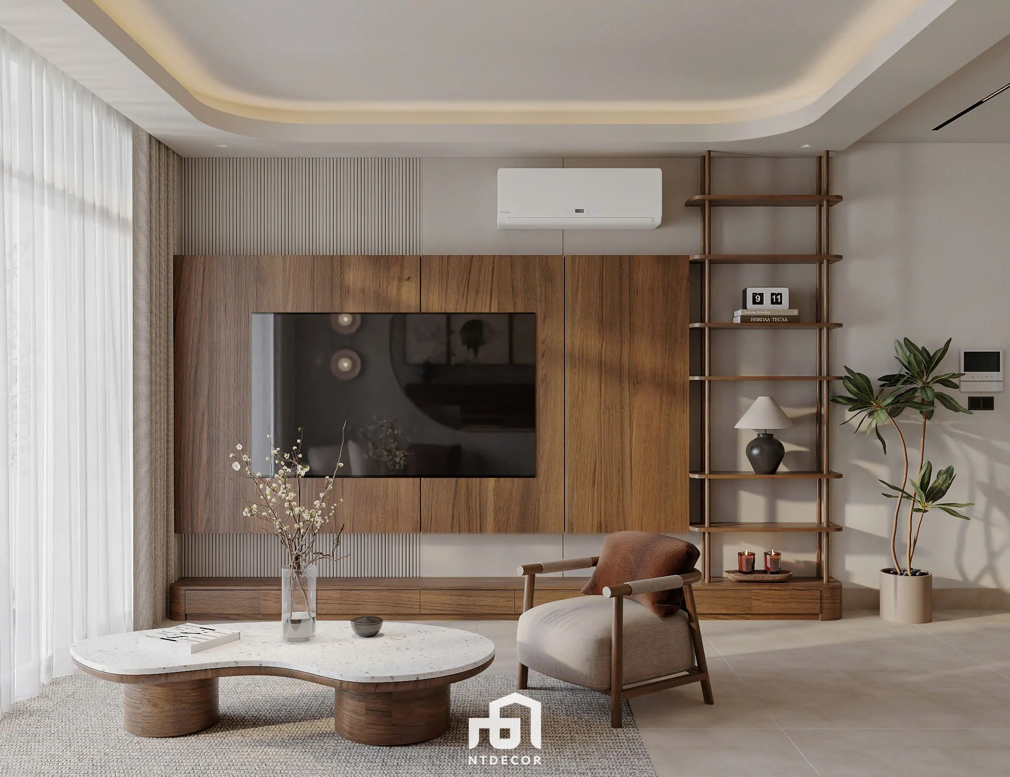 Living Room of Ms Ly Apartment 3D Design Modern Style Mix Japandi | NTDecor