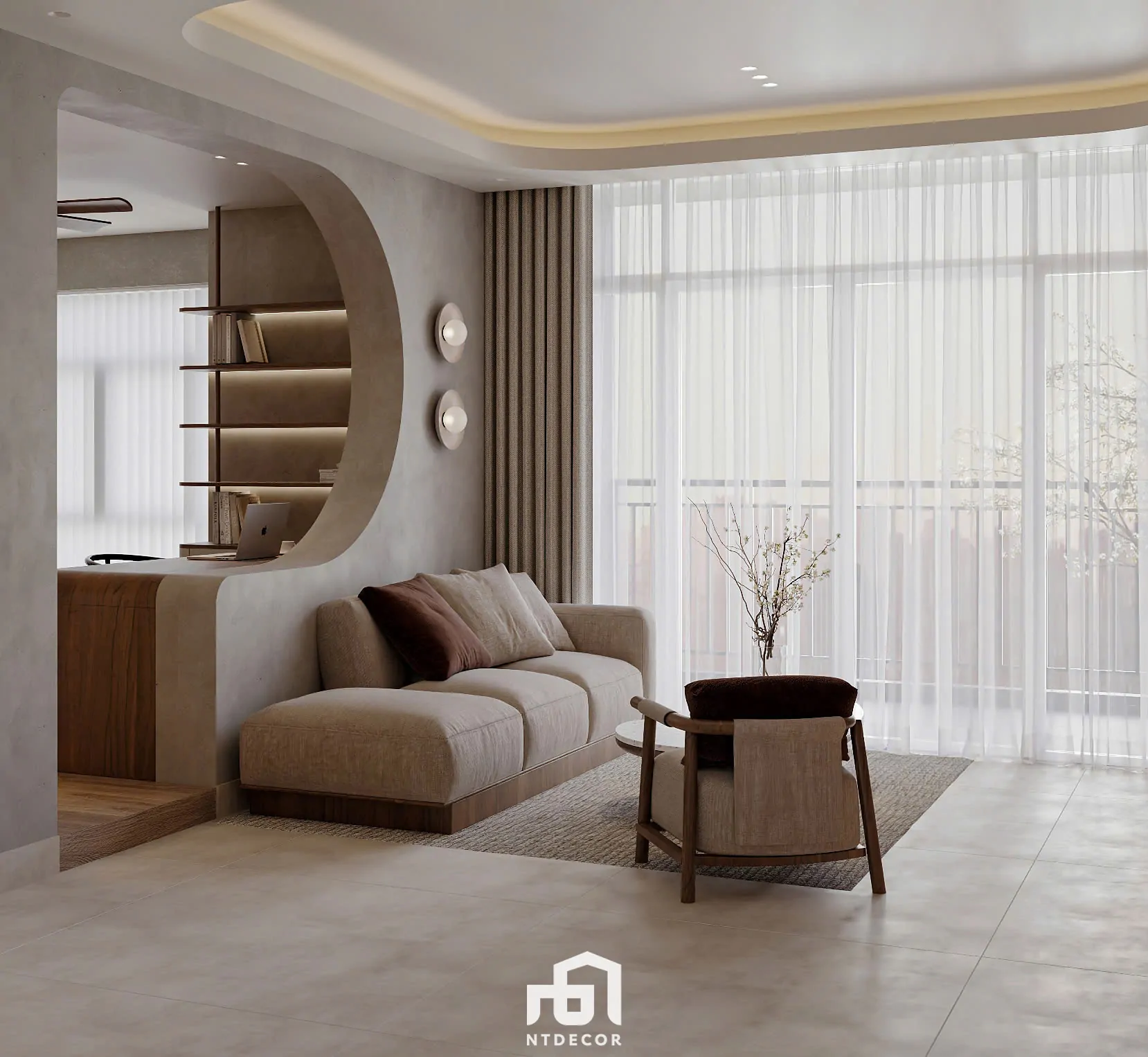 Living Room of Ms Ly Apartment 3D Design Modern Style Mix Japandi | NTDecor