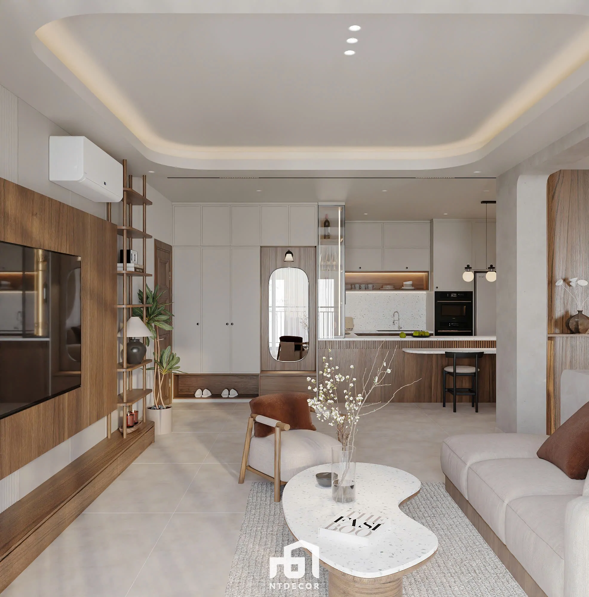 Living Room of Ms Ly Apartment 3D Design Modern Style Mix Japandi | NTDecor
