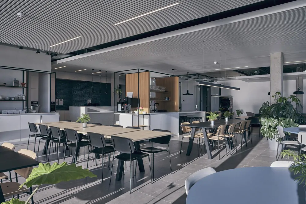 Không gian Pantry văn phòng hiện đại, cây xanh, khu vực ngồi thư giãn.