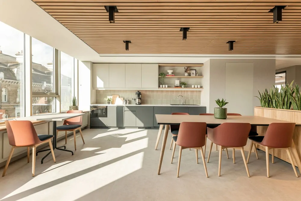 Không gian Pantry văn phòng hiện đại, cây xanh, khu vực ngồi thư giãn.