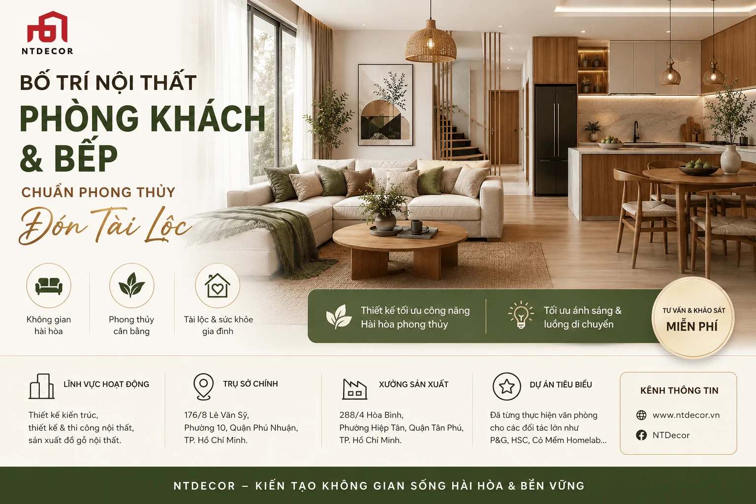 Bố trí nội thất phòng khách và bếp chuẩn phong thủy đón tài lộc