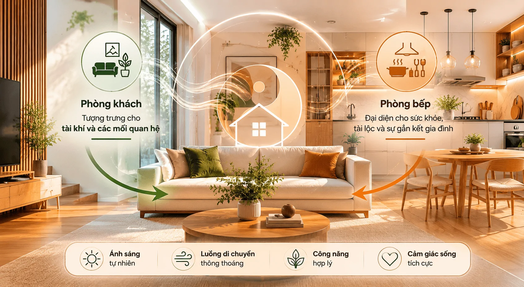 phòng khách và bếp hiện đại hợp phong thủy