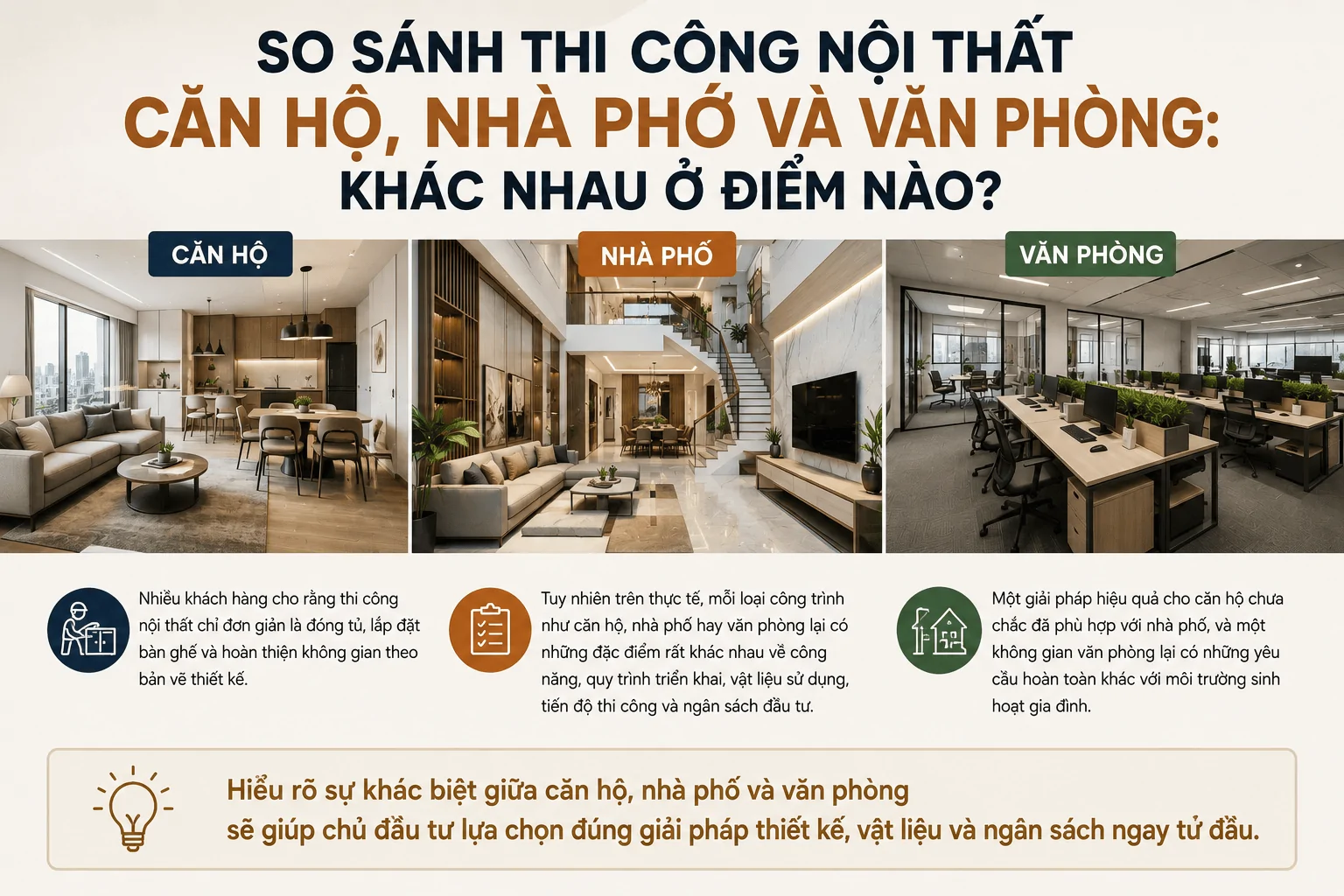So sánh thi công nội thất căn hộ nhà phố văn phòng