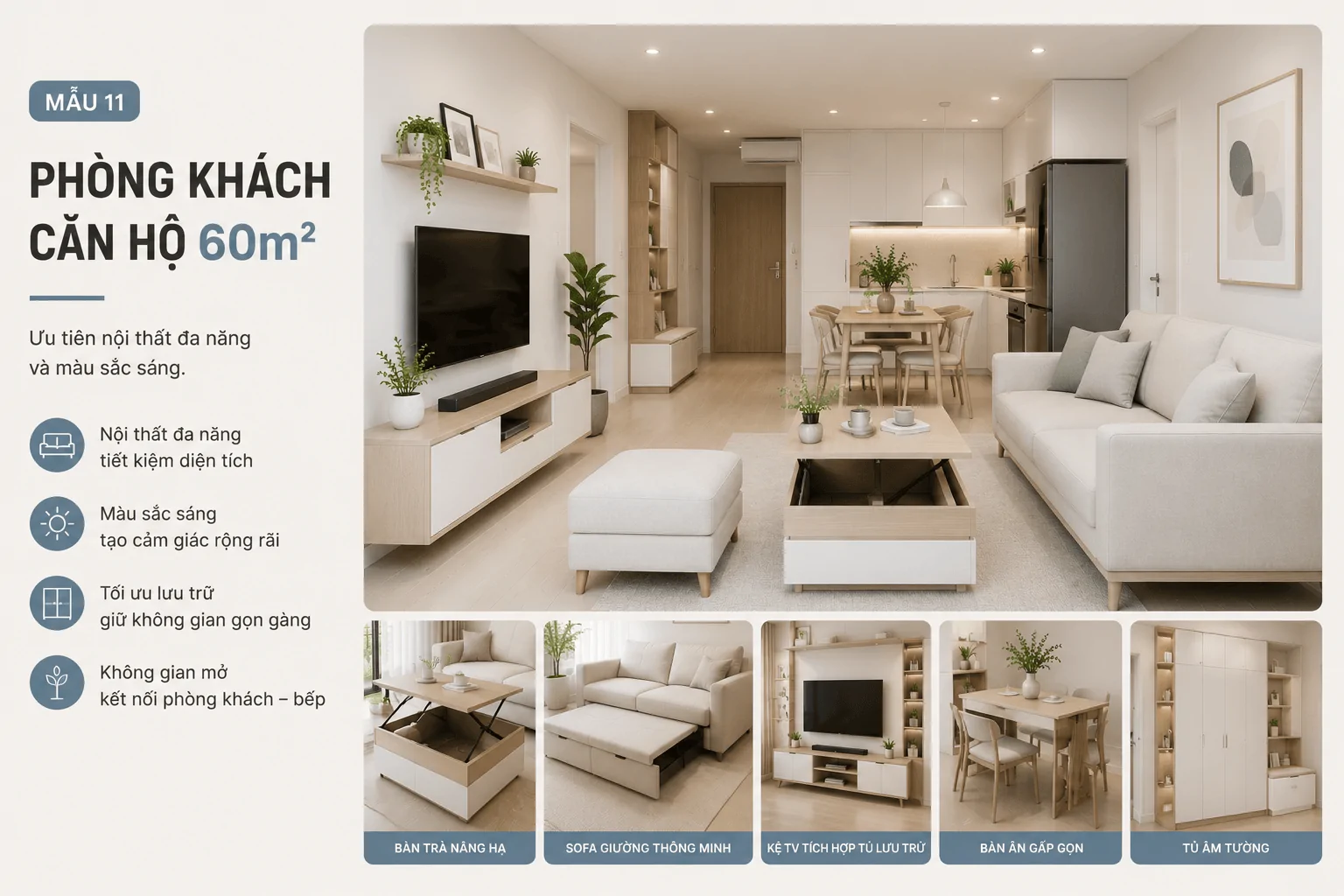 Phòng khách căn hộ 60m2