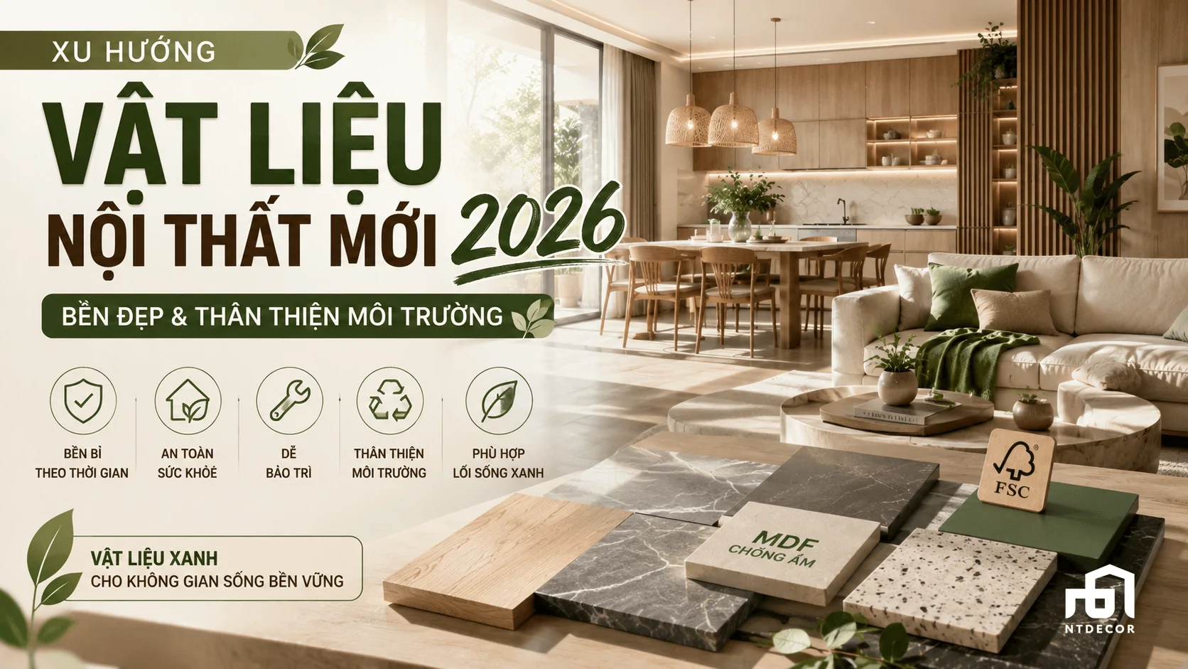 Xu hướng vật liệu nội thất mới năm 2026: Bền đẹp và thân thiện môi trường