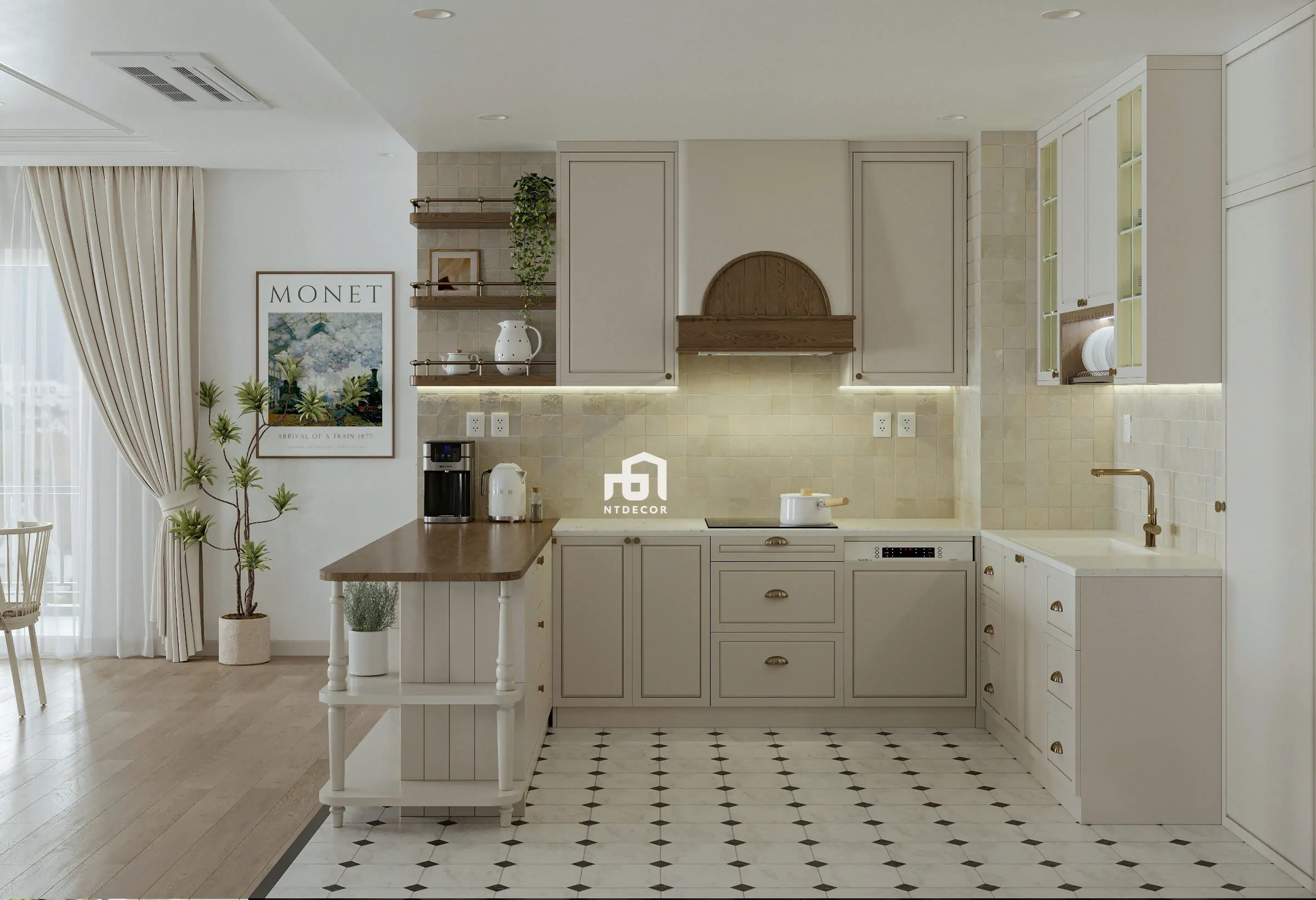 Nhà bếp phong cách Farmhouse với tủ bếp gỗ và thiết kế ấm cúng | NTDecor