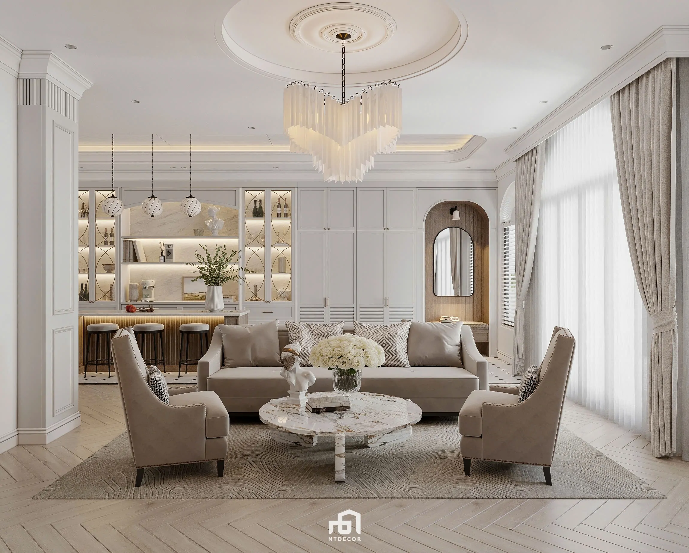 Thiết kế phòng khách Farmhouse hiện đại với màu sắc trung tính | NTDecor