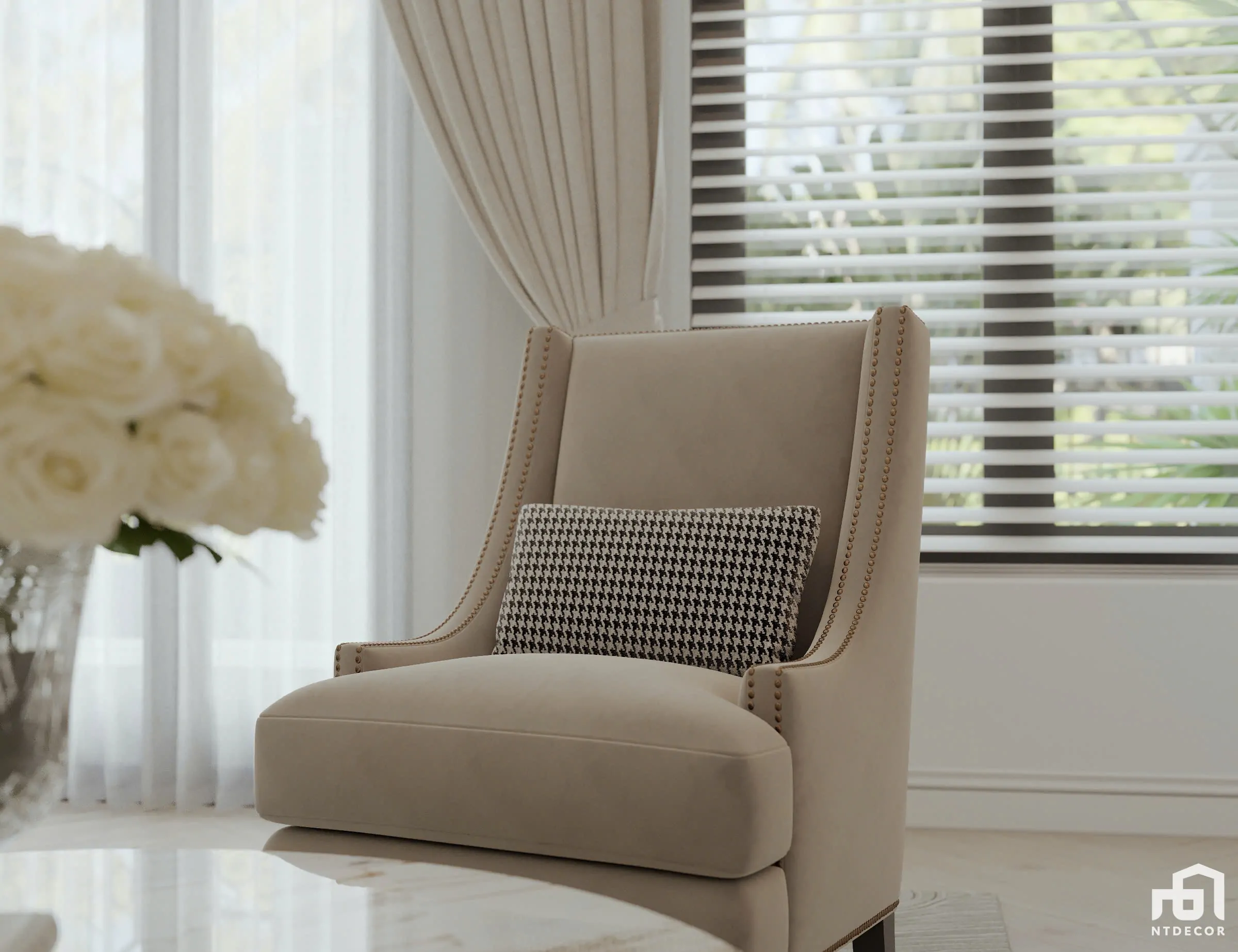 Phòng khách phong cách Farmhouse với nội thất gỗ và sofa màu trung tính | NTDecor