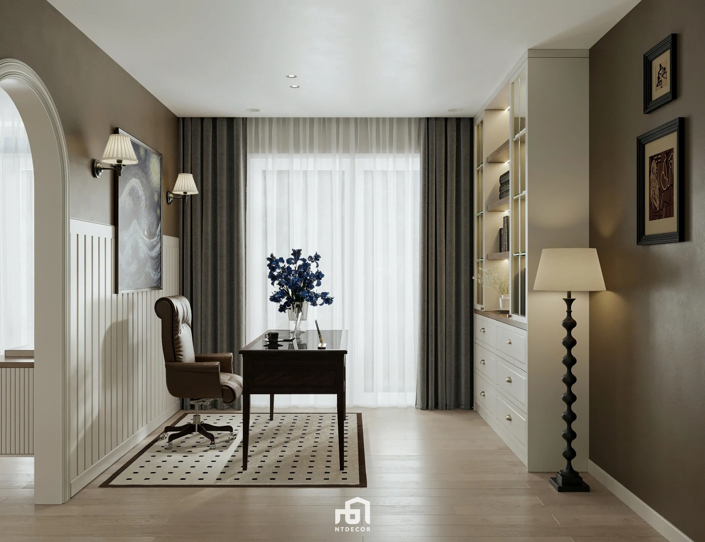Phòng làm việc phong cách Farmhouse với bàn gỗ và nội thất tự nhiên | NTDecor