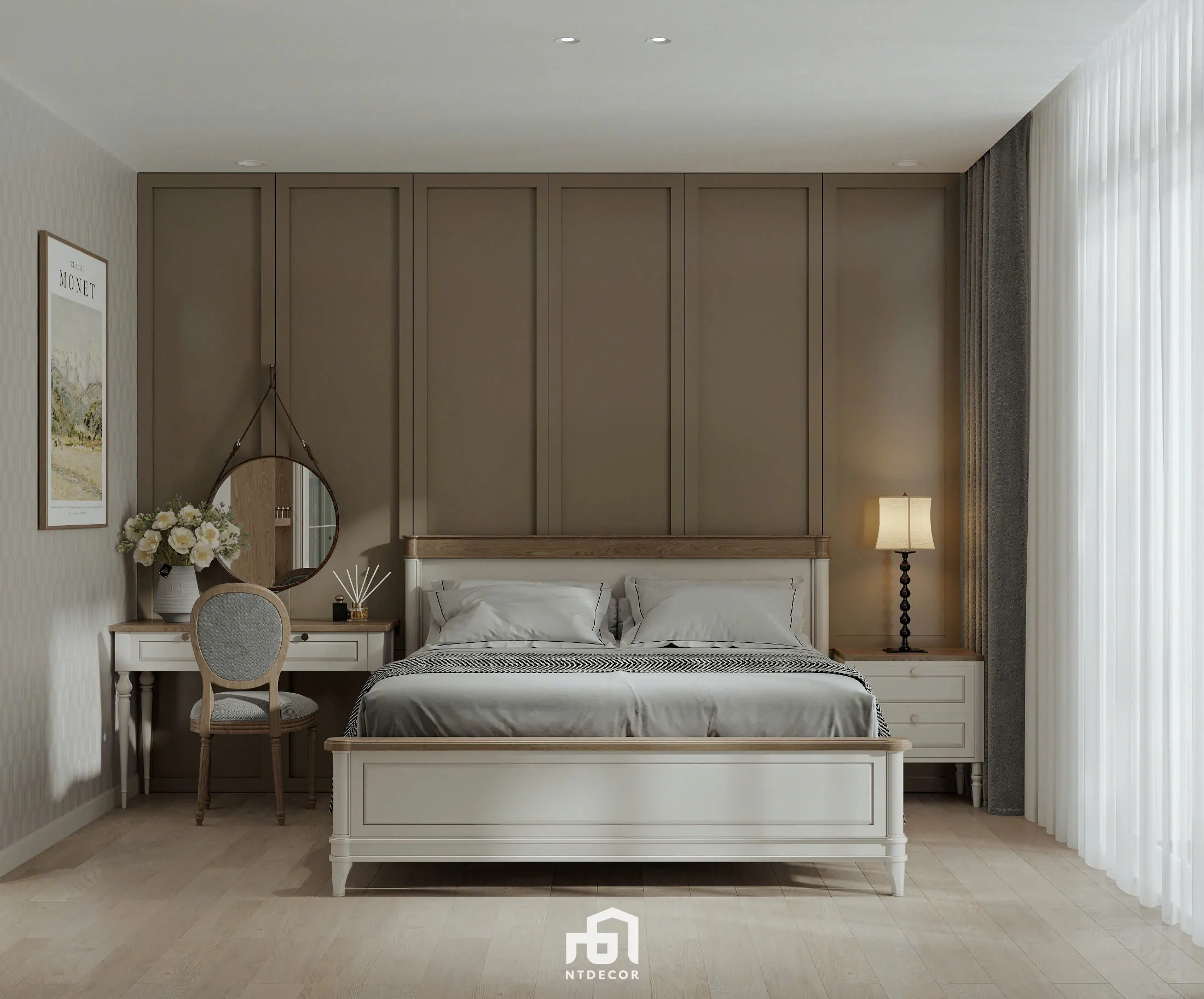 Phòng ngủ phong cách Farmhouse với màu sắc nhẹ nhàng và nội thất gỗ | NTDecor