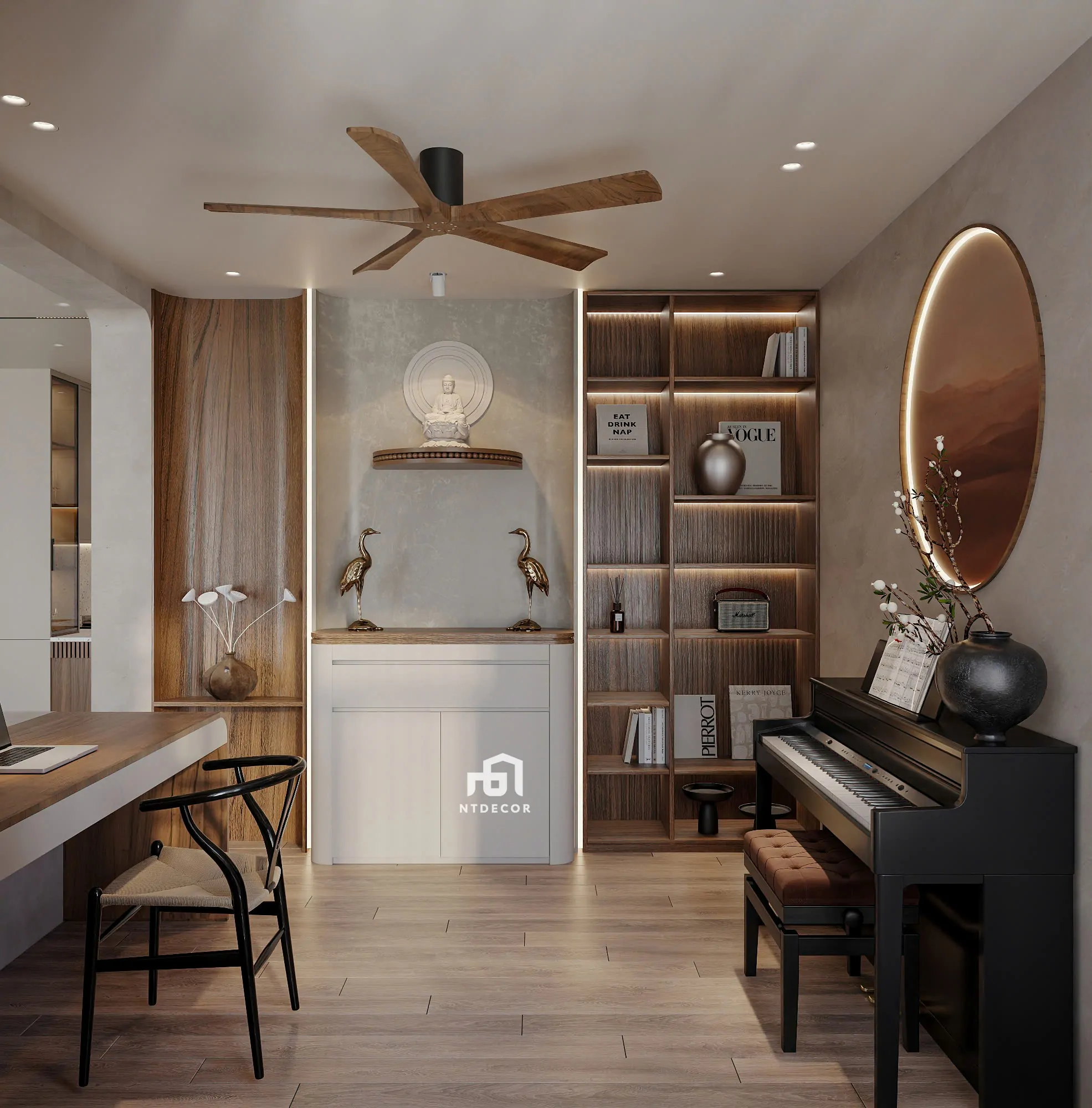 Phòng khách phong cách Wabi Sabi với nội thất gỗ và màu trung tính | NTDecor